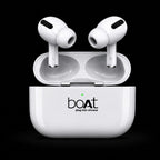 White wireless earbuds in an open charging case with the brand name 'boat plug into nirvana' printed on the front, set against a solid black background.