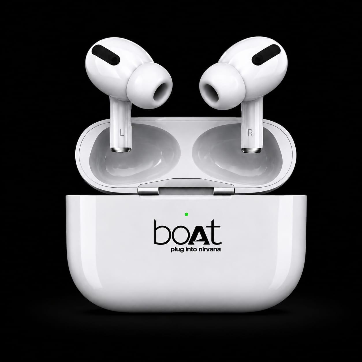 White wireless earbuds in an open charging case with the brand name 'boat plug into nirvana' printed on the front, set against a solid black background.