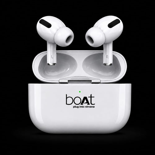 White wireless earbuds in an open charging case with the brand name 'boat plug into nirvana' printed on the front, set against a solid black background.