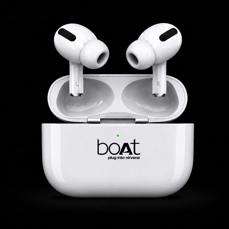 White wireless earbuds in an open charging case with the brand name 'boat plug into nirvana' printed on the front, set against a solid black background.