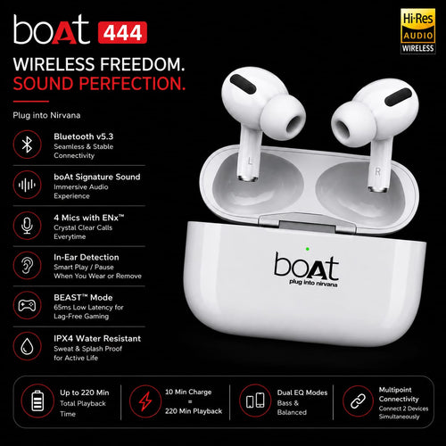 White boAt 444 wireless earbuds in their charging case on a black background, with feature callouts and icons describing connectivity, audio quality, water resistance, and battery life.