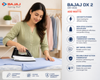 A woman ironing a blue garment on a white ironing board, with the BAJAJ DX 2 dry iron featured prominently. The right side of the image contains product feature callouts for the 600-watt iron, and the bottom has feature icons and text.