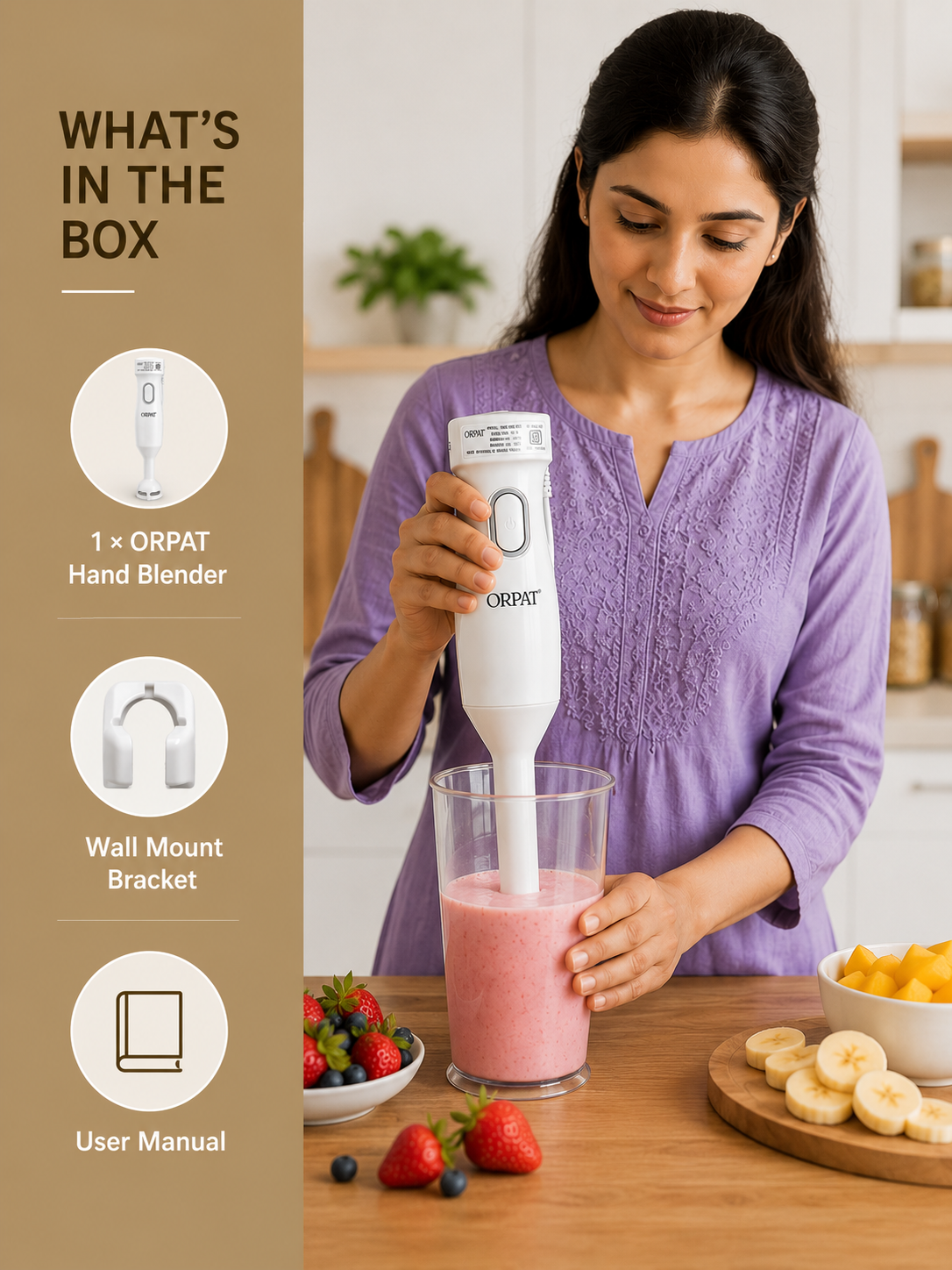 A woman in a purple top blends a pink drink with an ORPAT hand blender in a glass on a wooden countertop. The left side features a beige panel titled 'WHAT'S IN THE BOX' with icons for the hand blender, wall mount bracket, and user manual.