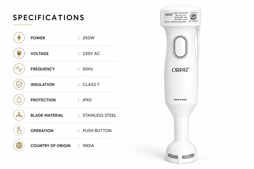 White ORPAT hand blender shown on a light gray background with a left-side specifications panel listing power, voltage, frequency, insulation, protection, blade material, operation, and country of origin.