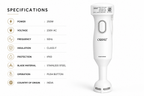 White ORPAT hand blender shown on a light gray background with a left-side specifications panel listing power, voltage, frequency, insulation, protection, blade material, operation, and country of origin.