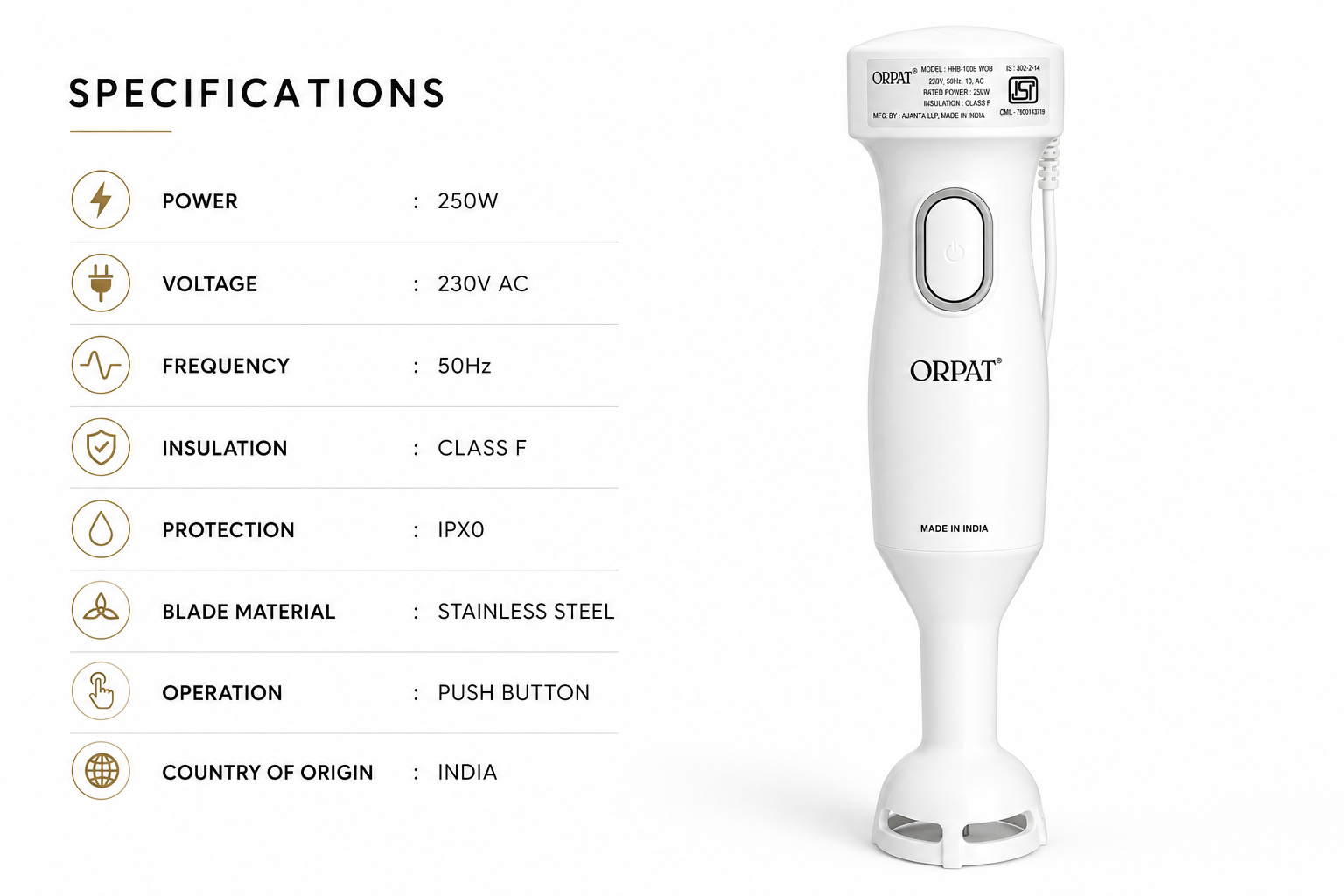 White ORPAT hand blender shown on a light gray background with a left-side specifications panel listing power, voltage, frequency, insulation, protection, blade material, operation, and country of origin.