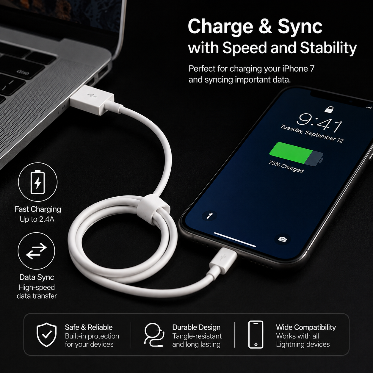 A white fast-charging USB cable connected to a laptop and a smartphone, shown on a dark background with marketing text and feature icons for speed, data sync, and compatibility.